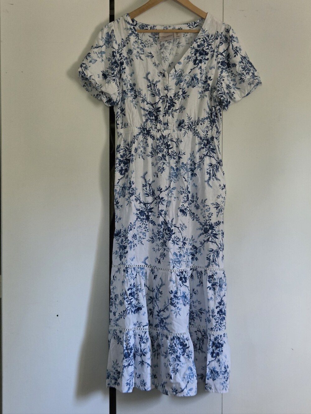 Laura Ashley White Midi Dress with Blue Floral Pattern